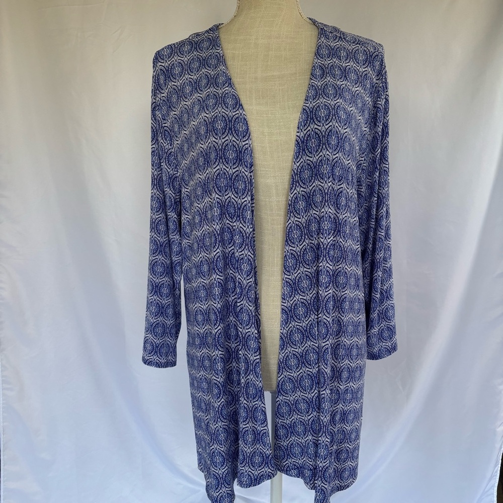 Chico’s Travelers open front blue and white cardigan 3